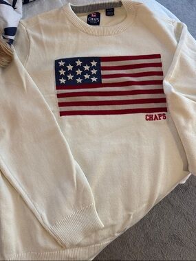Chaps Cream Sweater with Red, Blue Flag Motif Size xl. Never worn